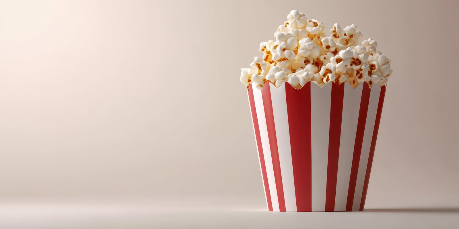 Popcorn in a striped container sits against a neutral background, ready for movie time or a snack break